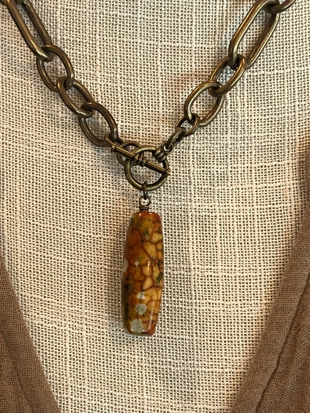 Chunky Antique Brass Chain Necklace with Dragon Vein Agate Pendant - Picture 2 of 3